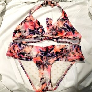 St. Even Sunset Palm Print Halter Bikini Top Size 34 w/Ruched Front Bottom SZ M